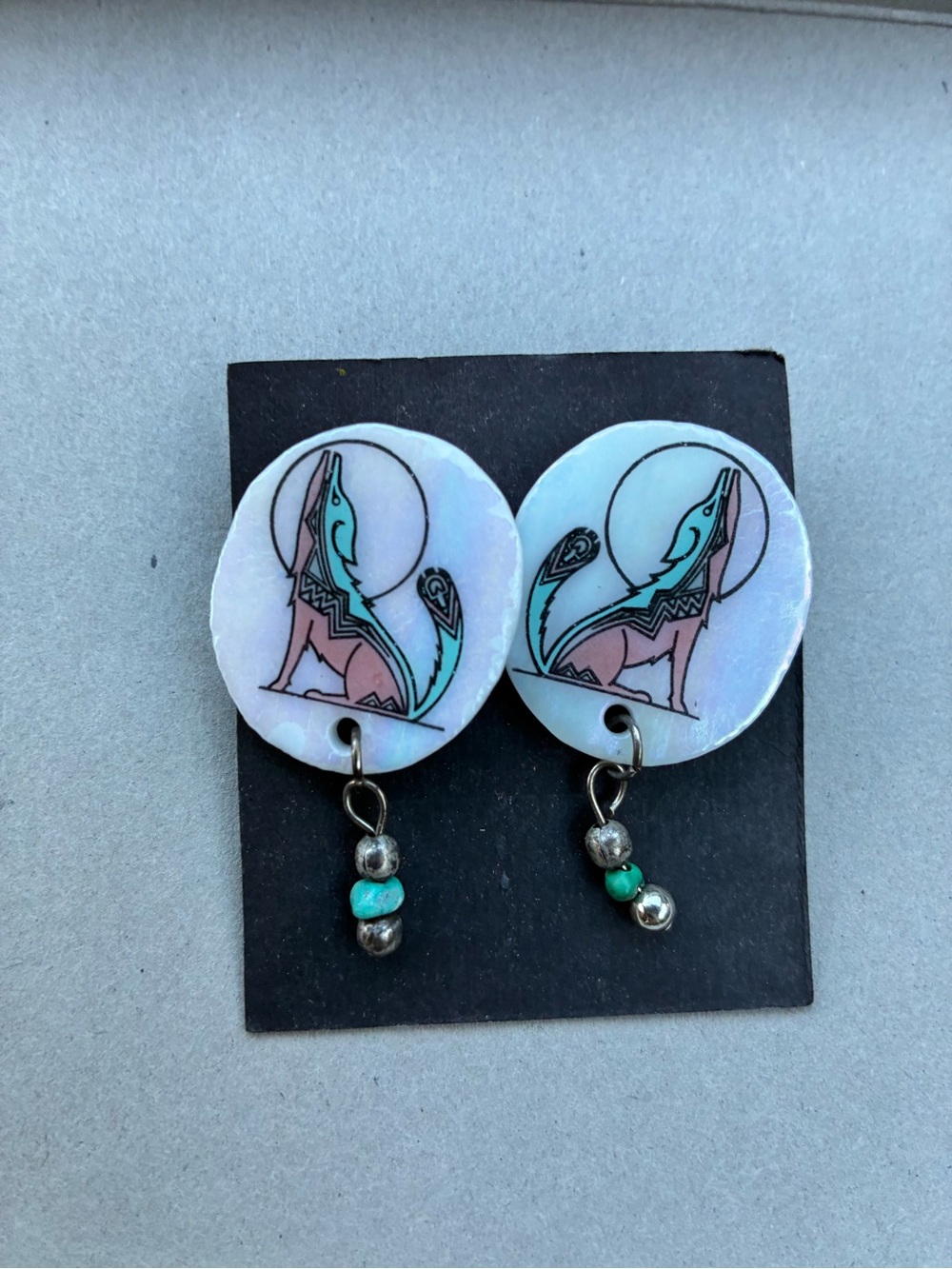 Howling Fox Round Dangle Earrings — Iridescent Pink & Turquoise